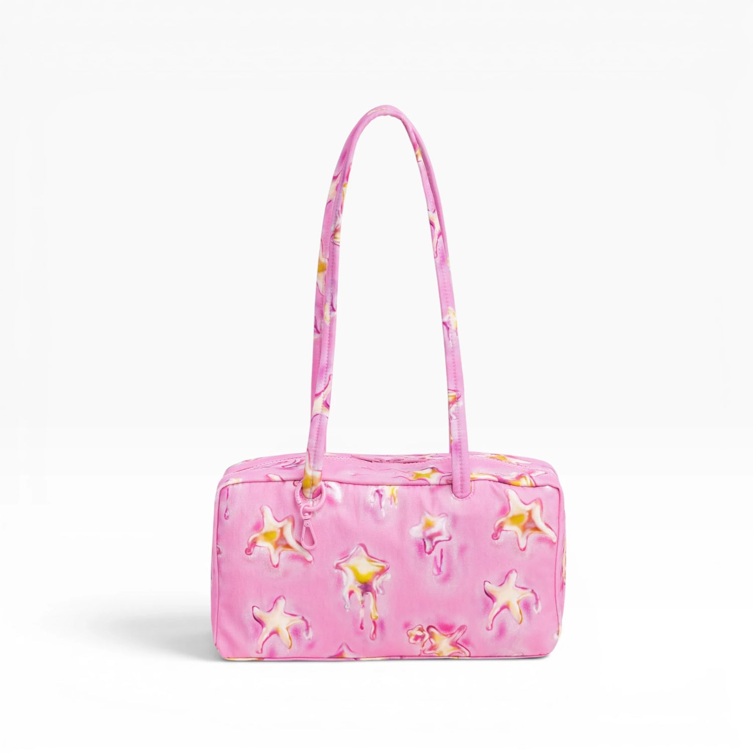 Baggu pink nylon bowler bag with star pattern and top handles