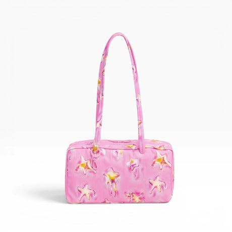 Baggu pink nylon bowler bag with star pattern and top handles