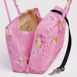 Pink nylon bowler bag with drawstring, zipper top, printed star pattern and key fob keys