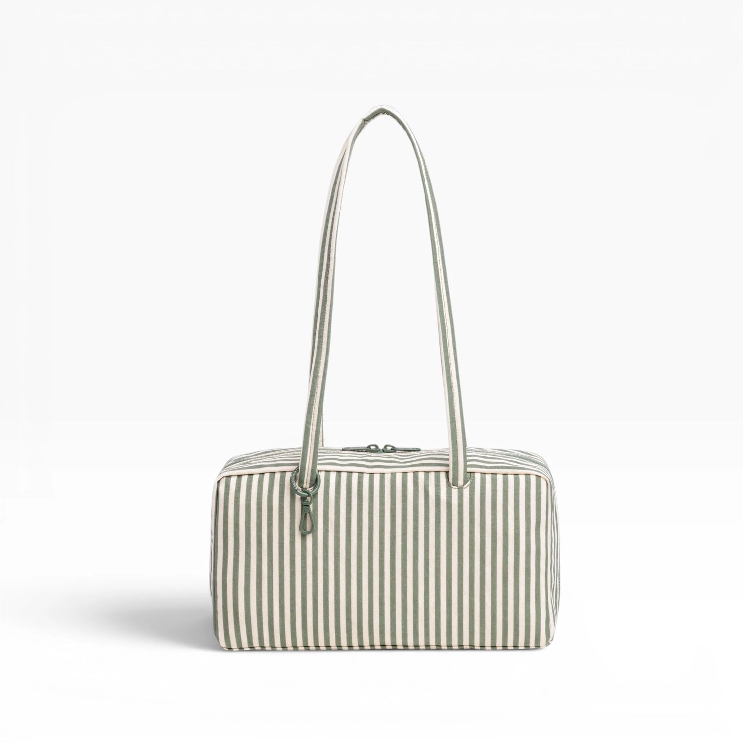 Nylon bowler bag with sage-green and white vertical stripes, top handles, zipper top