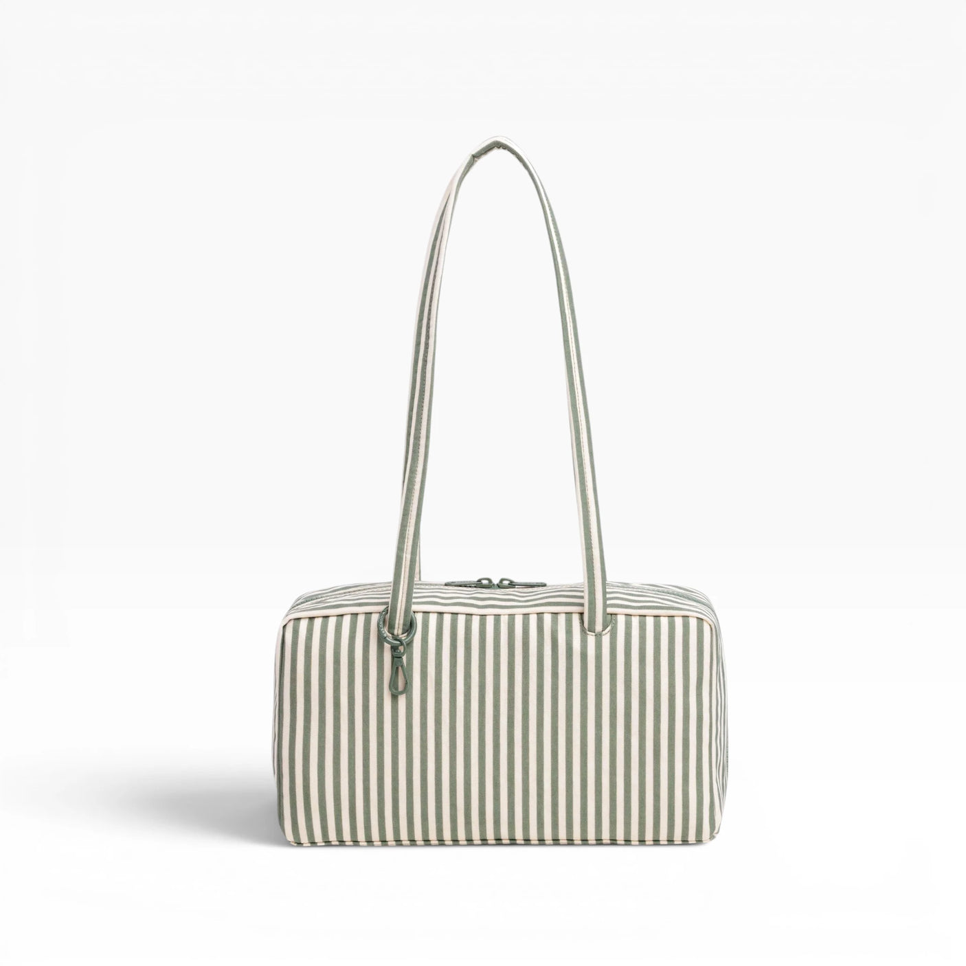 Nylon bowler bag with sage-green and white vertical stripes, top handles, zipper top