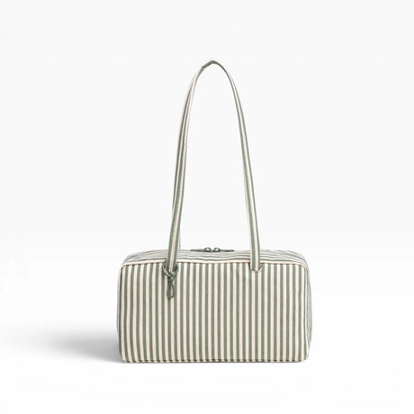 Nylon bowler bag with sage-green and white vertical stripes, top handles, zipper top