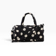 Black and cream polka-dot nylon duffle bag with top handles and crossbody strap