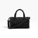 Black nylon duffle bag with top handles, shoulder strap, and zip closure