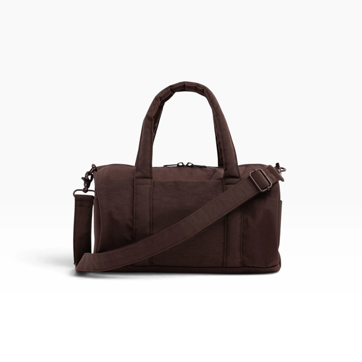 Coffee-brown nylon duffle bag with front crossbody strap and zip closure