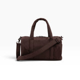 Coffee-brown nylon duffle bag with front crossbody strap and zip closure