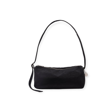 Small black cylindrical shoulder bag with zipper closure and single strap on white background