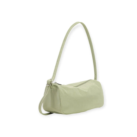 Celadon nylon loaf bag with long shoulder strap and rounded body