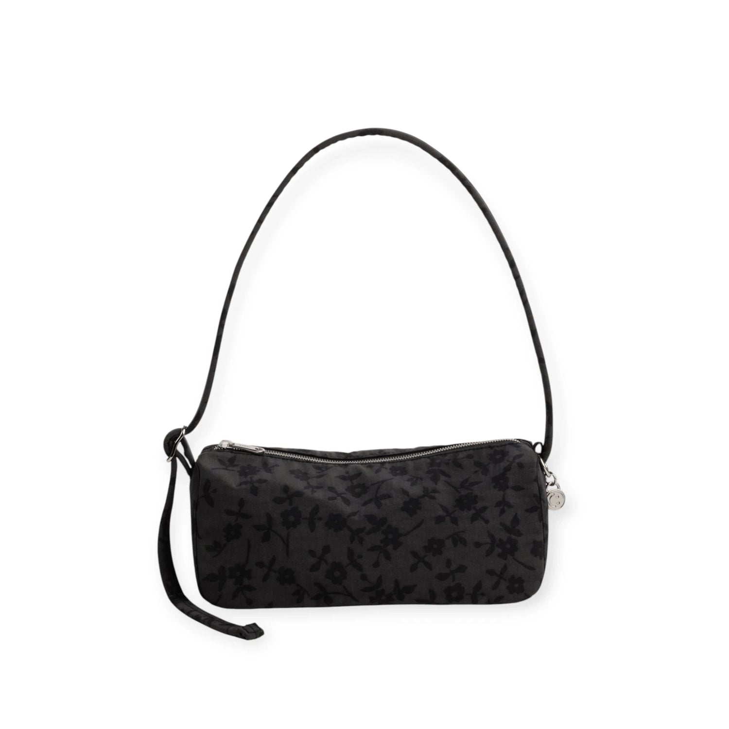 Charcoal nylon loaf bag with short handle, dark floral vine print, top zipper