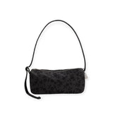 Charcoal nylon loaf bag with short handle, dark floral vine print, top zipper