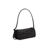 Charcoal nylon loaf bag with shoulder strap, dark ditsy floral print, zipper top