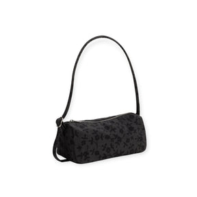 Charcoal nylon loaf bag with shoulder strap, dark ditsy floral print, zipper top