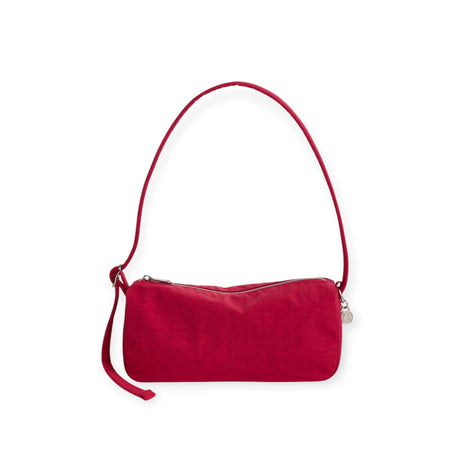 Cherry red nylon loaf shoulder bag with zip top and adjustable strap