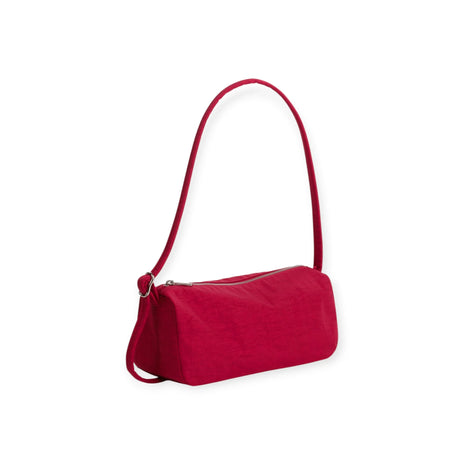 Cherry red nylon loaf shoulder bag with short top handles and ring clasp