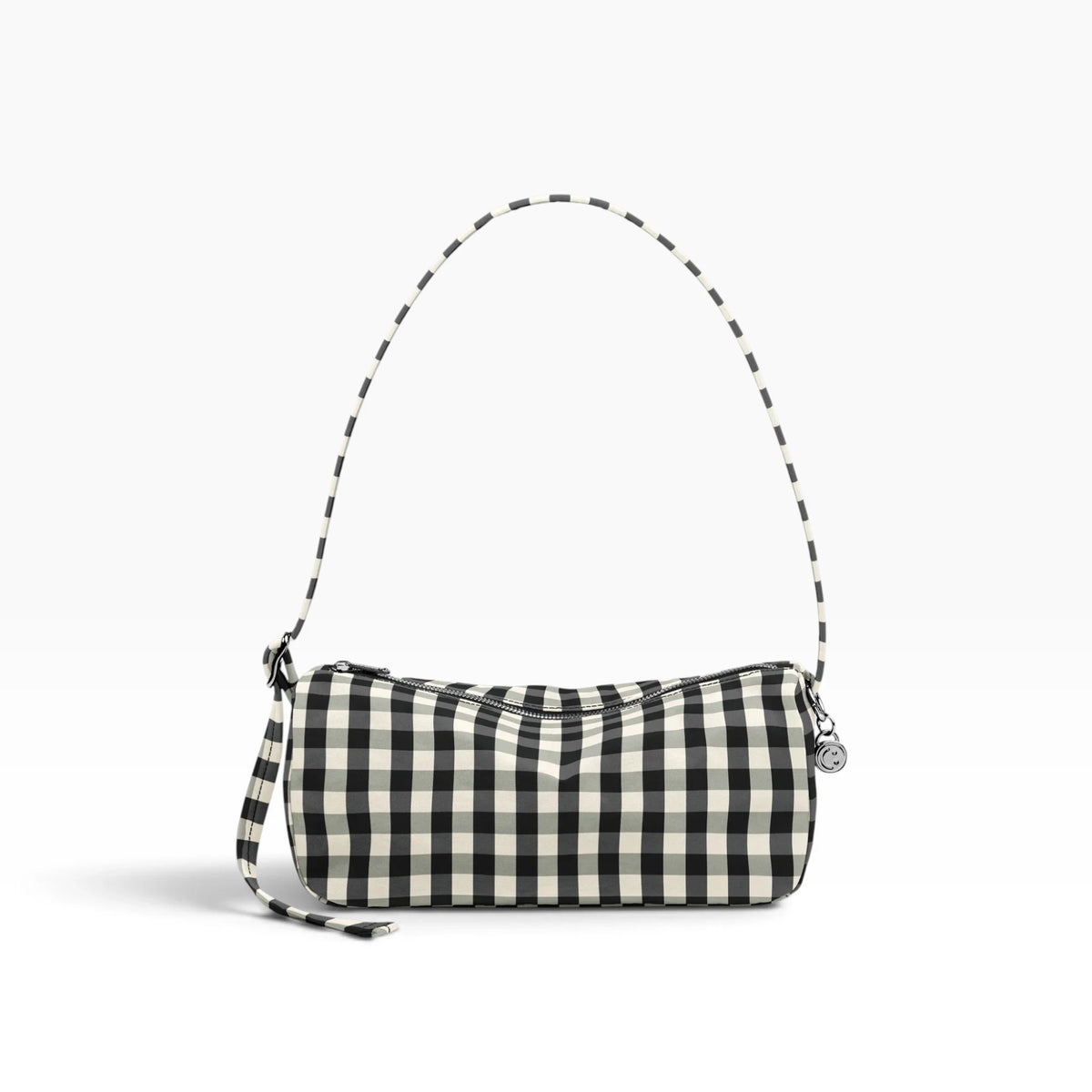 Black-and-cream gingham nylon loaf bag with zip top and shoulder strap