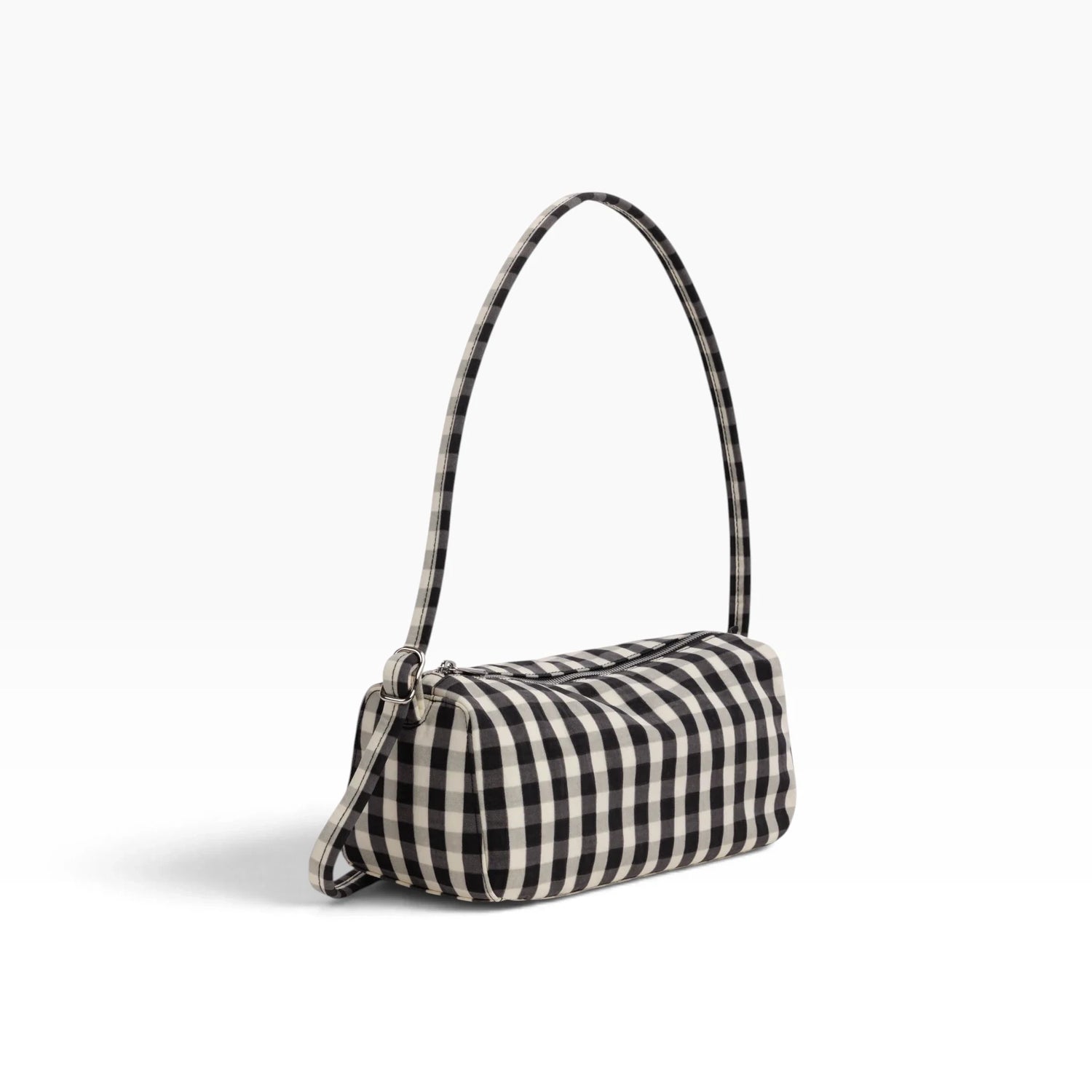 Nylon loaf bag with black-and-cream gingham pattern, top handle and short strap