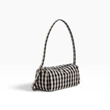 Nylon loaf bag with black-and-cream gingham pattern, top handle and short strap