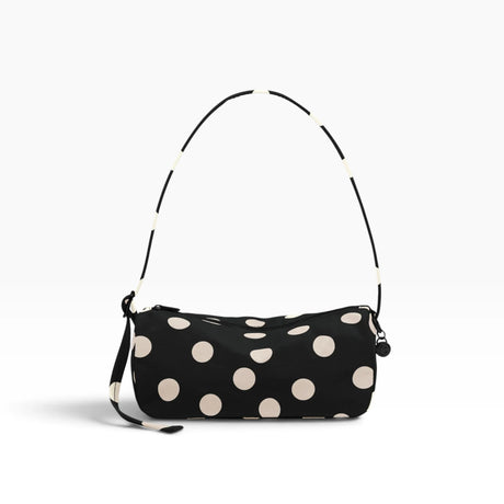 Baggu black nylon loaf bag with cream polka dots and top handle