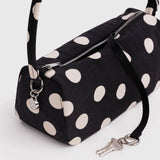 Baggu black nylon polka dot loaf bag with front zipper and key fob