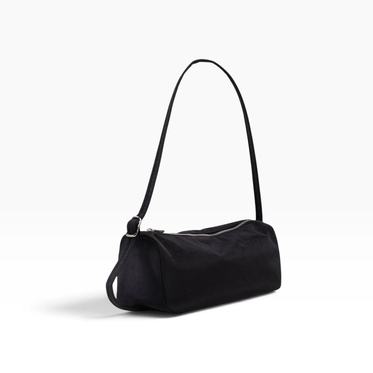 Black nylon loaf shoulder bag with top handle and rounded front seam