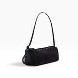Black nylon loaf shoulder bag with top handle and rounded front seam