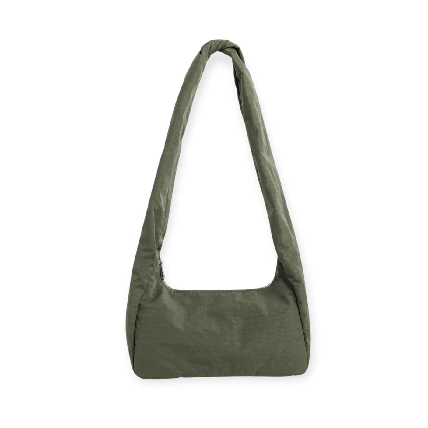 Olive green nylon hobo bag with wide opening and curved seam at front