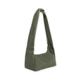 Olive green nylon hobo bag with short top handles and relaxed slouch shape