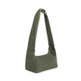 Olive green nylon hobo bag with short top handles and relaxed slouch shape
