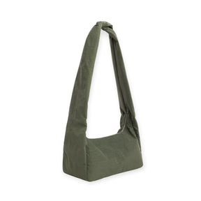 Olive green nylon hobo bag with short top handles and relaxed slouch shape