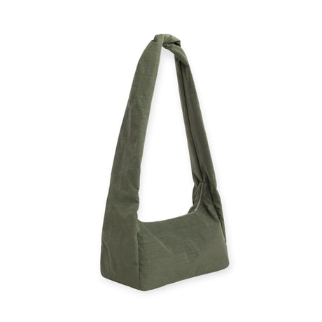 Olive green nylon hobo bag with short top handles and relaxed slouch shape