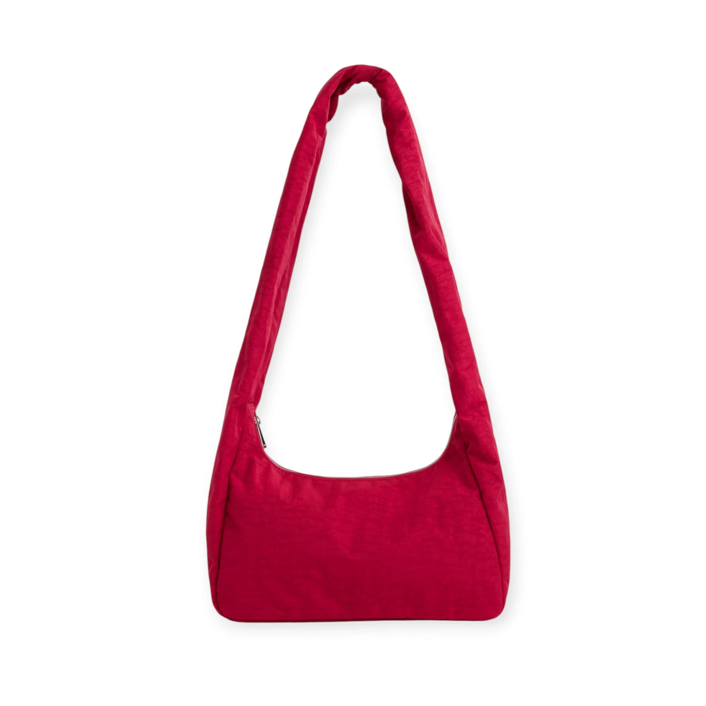 Cherry red nylon shoulder tote bag with short handles, open top and wide base
