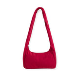 Cherry red nylon shoulder tote bag with short handles, open top and wide base