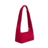 Cherry red nylon shoulder tote bag with short handles, structured wide base