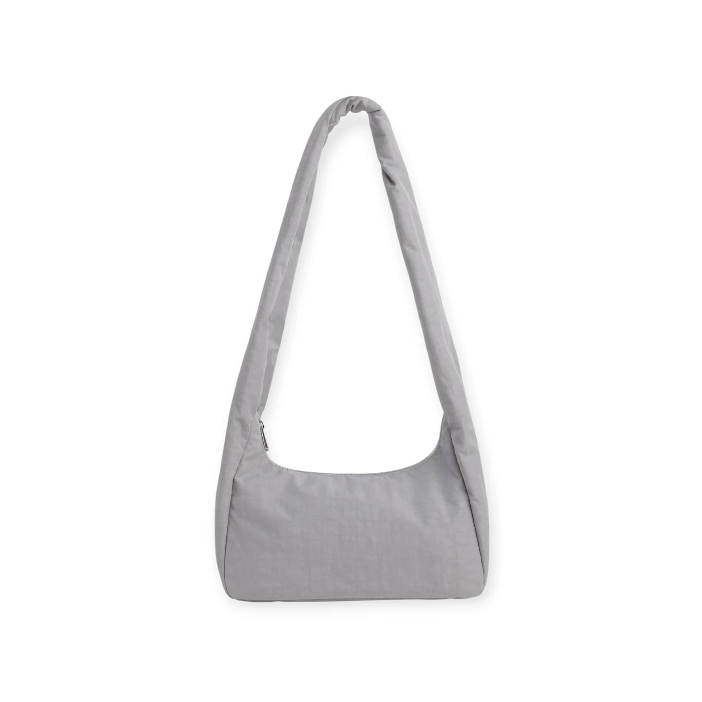 Fog gray nylon tote bag with short handles and open top, rounded bottom