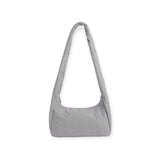 Fog gray nylon tote bag with short handles and open top, rounded bottom