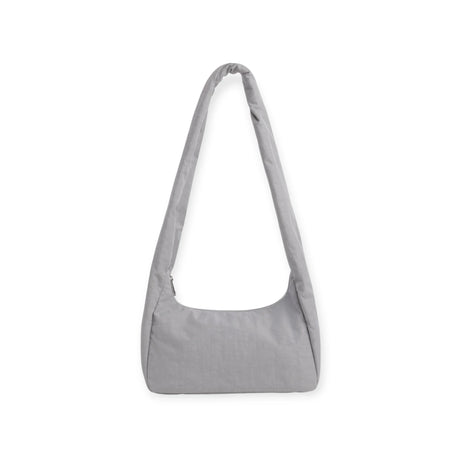 Fog gray nylon tote bag with short handles and open top, rounded bottom