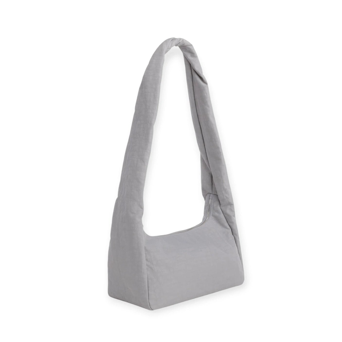 Fog gray nylon tote bag, side view with short handles and structured rounded base