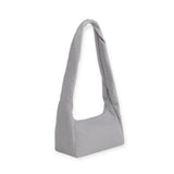 Fog gray nylon tote bag, side view with short handles and structured rounded base