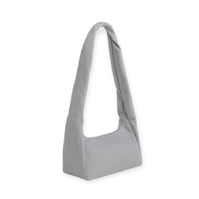 Fog gray nylon tote bag, side view with short handles and structured rounded base