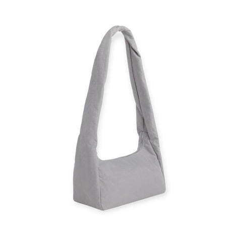 Fog gray nylon tote bag, side view with short handles and structured rounded base