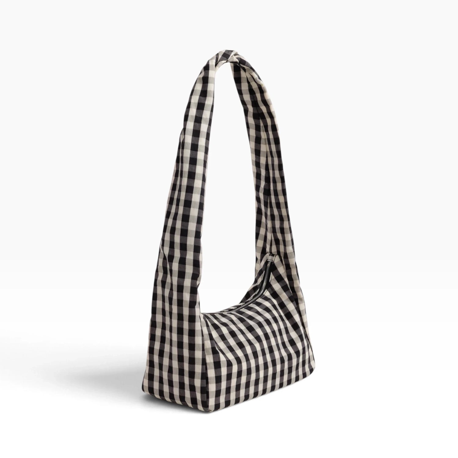 Black-and-cream gingham nylon hobo bag with slouchy tote shape