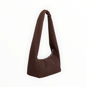 Brown nylon tote bag with wide handles and soft curved body