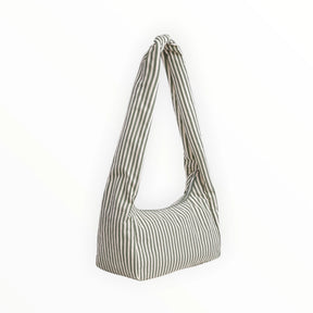 Baggu nylon meringue bag with sage green stripe fabric and gathered top handles