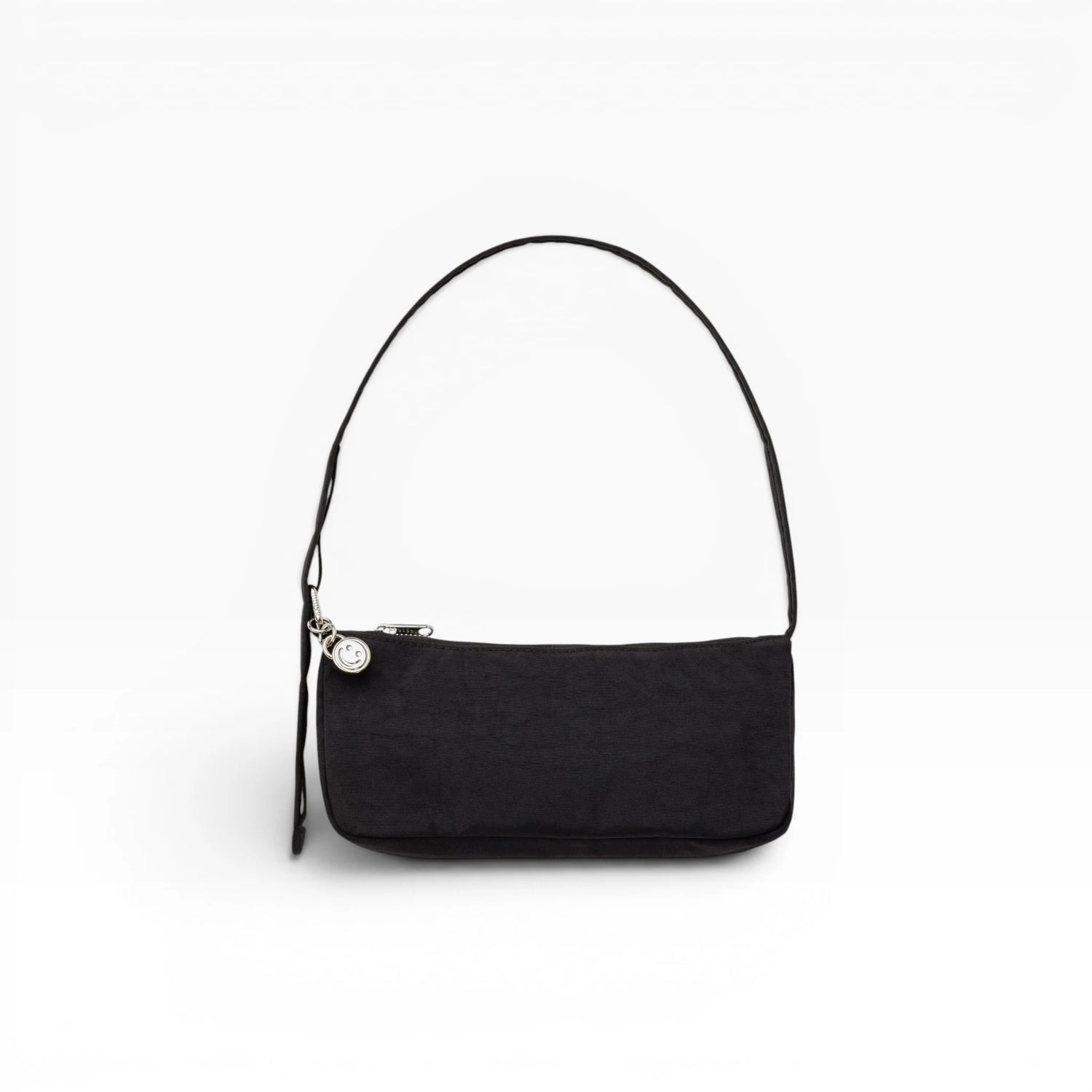 Baggu nylon pochette in black with top handle and zippered front, silver hardware