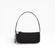 Baggu nylon pochette in black with top handle and zippered front, silver hardware
