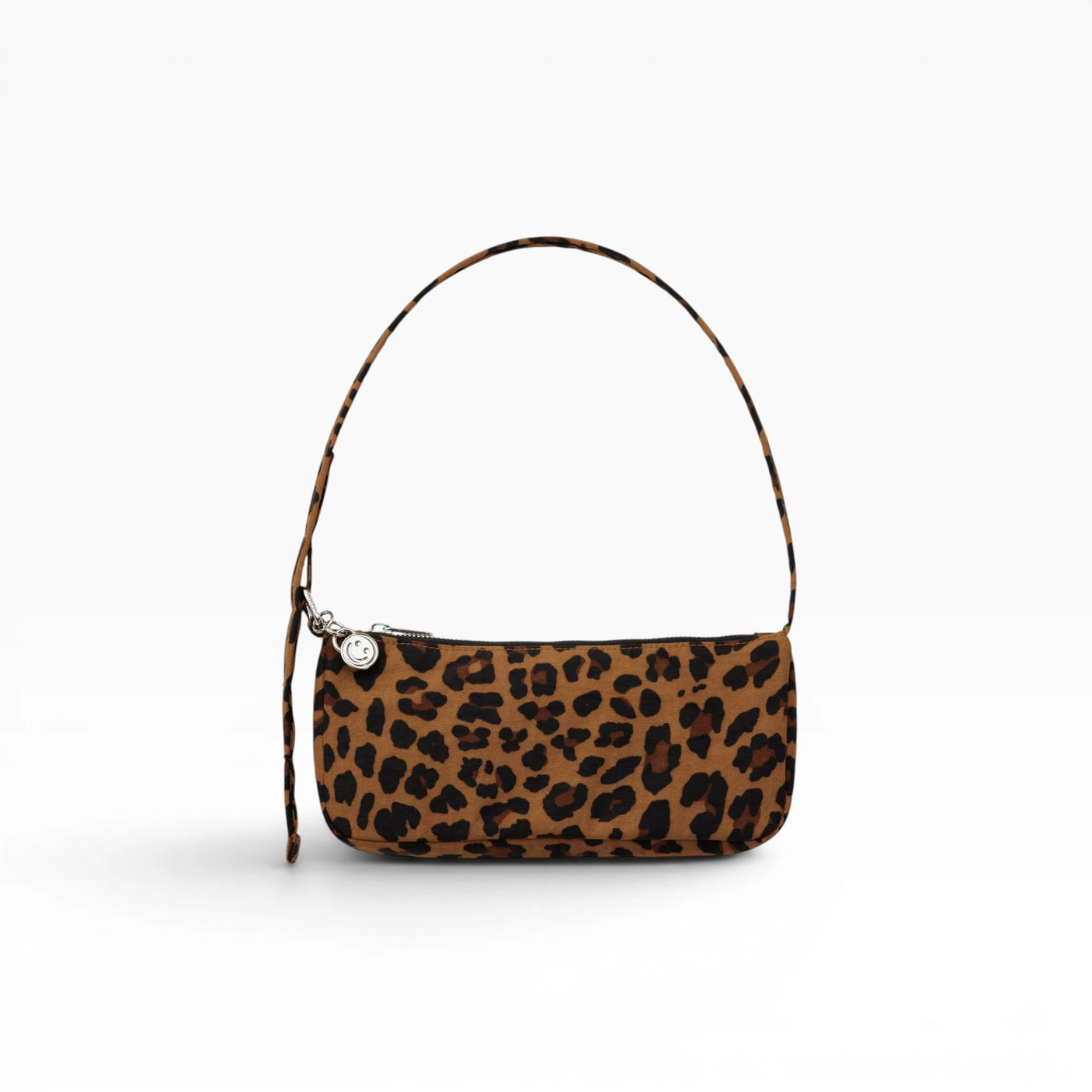 Leopard-print nylon mini shoulder pochette with top handle and silver clasp
