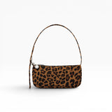 Leopard-print nylon mini shoulder pochette with top handle and silver clasp