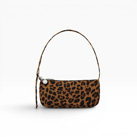 Leopard-print nylon mini shoulder pochette with top handle and silver clasp