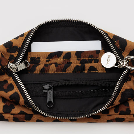 Baggu leopard print nylon pochette interior with black zip pocket and zipper