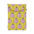 Yellow cushion cover adorned with a whimsical pattern of cartoon characters clad in pink coats and hats. This delightful design complements the eco-friendly allure of recycled nylon, mirroring the playful atmosphere found in the Peanuts x Baggu Laptop Sleeve - Snoopy Puffer 16".